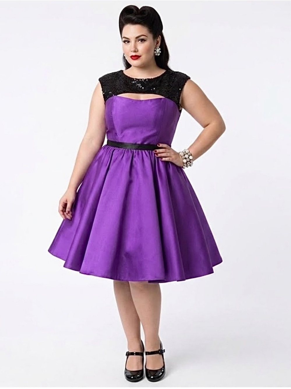 Madison James 50s Retro Fit & Flare Dress Size 14 Purple Black Beaded Rockabilly